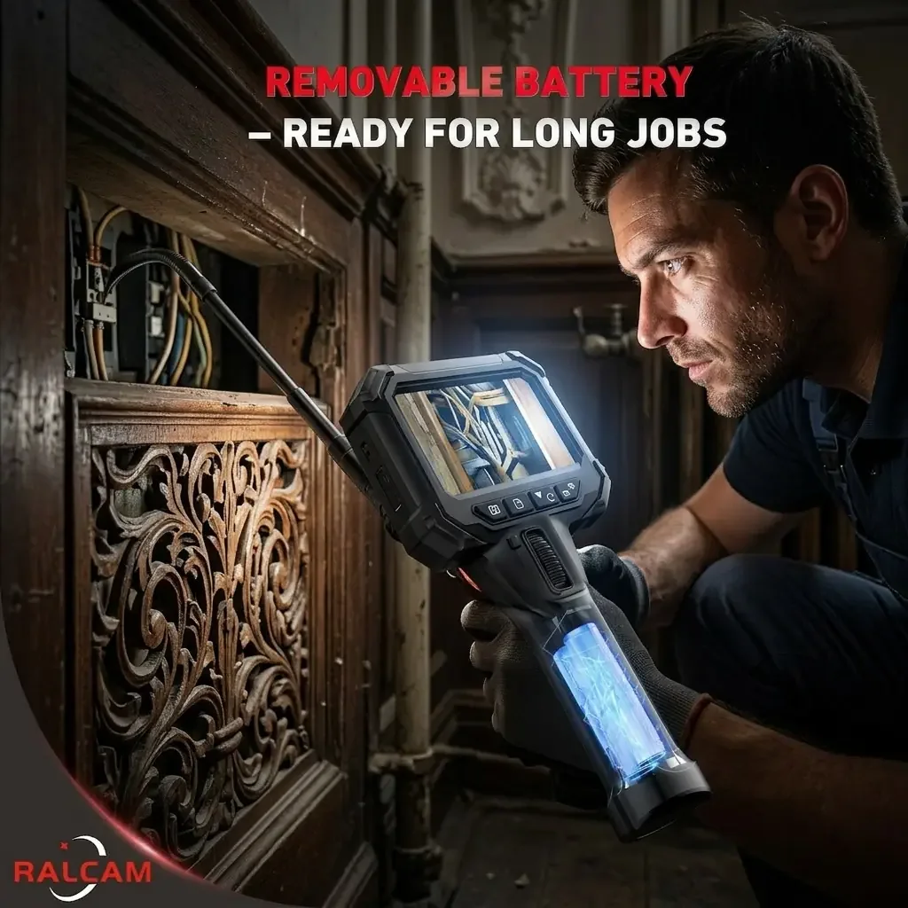 Professional using ARTICAM inspection camera in the evening